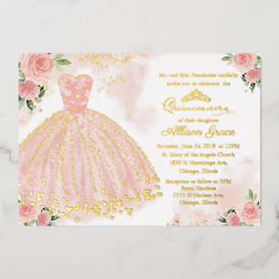 Invitación Con Relieve Metalizado Vestido de Quinceañera de Oro Rosa