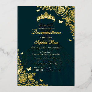 Invitación Con Relieve Metalizado Vestido de Quinceañera de Rosa de Oro Esmeralda