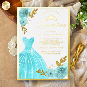 Invitación Con Relieve Metalizado Vestido de quinceañera floral azul acuático brilla