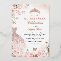 Vestido de quinceañera floral de color rosa dorado