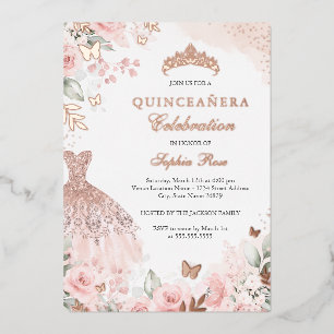 Invitación Con Relieve Metalizado Vestido de quinceañera floral de color rosa dorado