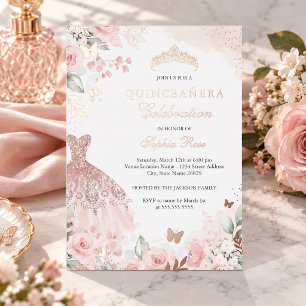 Invitación Con Relieve Metalizado Vestido de quinceañera floral de color rosa dorado