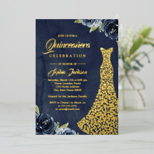 Invitación Con Relieve Metalizado Vestido de Quinceañera Floral Dorado Navy con Hoju