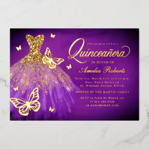Invitación Con Relieve Metalizado Vestido de quinceañera mariposa con brillo glamuro