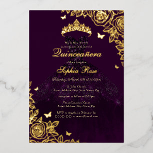 Invitación Con Relieve Metalizado Vestido de Quinceañera Rosa Dorada Púrpura