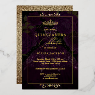 Invitación Con Relieve Metalizado Vestido de Quinceañera Rosa Dorada Púrpura