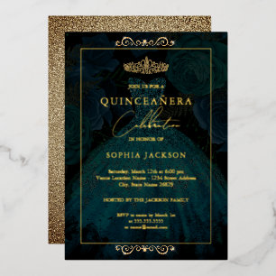 Invitación Con Relieve Metalizado Vestido de quinceañera rosa dorado turquesa