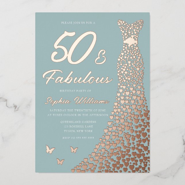 Invitación Con Relieve Metalizado Vestido de Relieve metalizado dorado Rosa 50 y fab (Anverso)