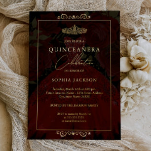 Invitación Con Relieve Metalizado Vestido de Rosa de oro rojo Quinceanera
