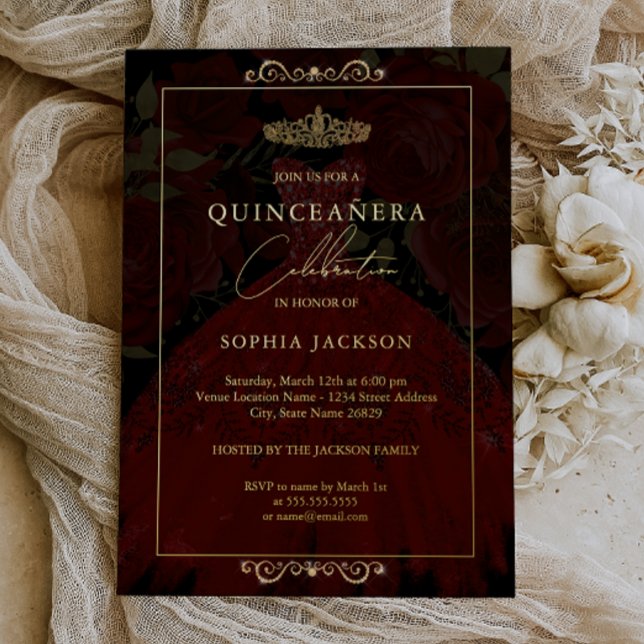 Invitación Con Relieve Metalizado Vestido de Rosa de oro rojo Quinceanera (Subido por el creador)
