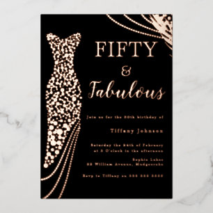 Invitación Con Relieve Metalizado Vestido de Rosa Dorada Cincuenta y Fabuloso Cumple