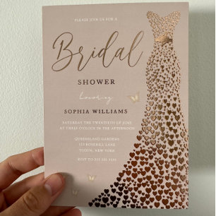 Invitación Con Relieve Metalizado Vestido de Rosa Dorado Dusty Rose y Rubor para Des