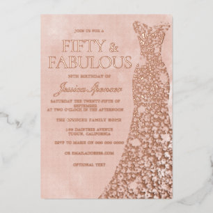 Invitación Con Relieve Metalizado Vestido de Rosa Dorado, Rosa Polvo y Rubor 50 Cump
