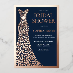 Invitación Con Relieve Metalizado Vestido de Rosa Dorado y Borde de Azul Marino para