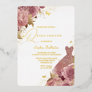 Invitación Con Relieve Metalizado Vestido de rosa encantada floral Quinceanera oro r