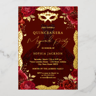 Invitación Con Relieve Metalizado Vestido de Rosa Fiesta de Máscaras Quinceañera Roj