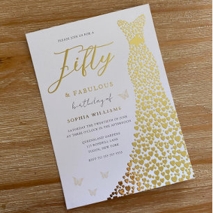 Invitación Con Relieve Metalizado Vestido Dorado Cincuenta y Fabuoso Cumpleaños 50