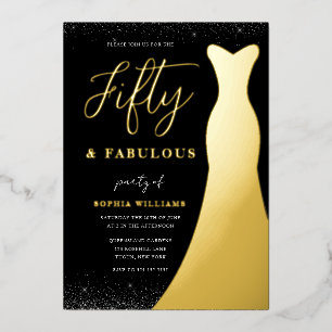 Invitación Con Relieve Metalizado Vestido Dorado Fifty & Fabuloso Cumpleaños 50 Dora