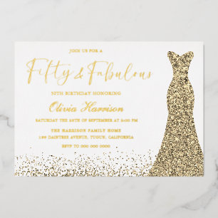 Invitación Con Relieve Metalizado Vestido Dorado Fifty & Fabuloso Cumpleaños 50 Dora