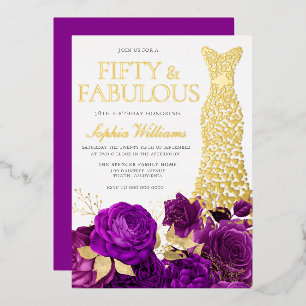 Invitación Con Relieve Metalizado Vestido Dorado Floral Púrpura Fiesta de Cumpleaños