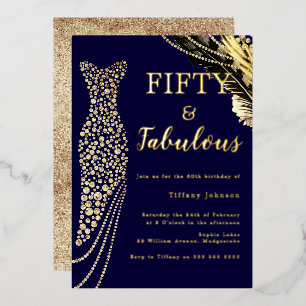 Invitación Con Relieve Metalizado Vestido dorado Navy Fifty & Fabulous para 50 cumpl