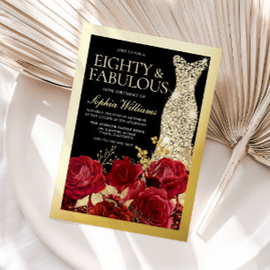 Invitación Con Relieve Metalizado Vestido Dorado Rosas Rojas 80 Cumpleaños Dorado