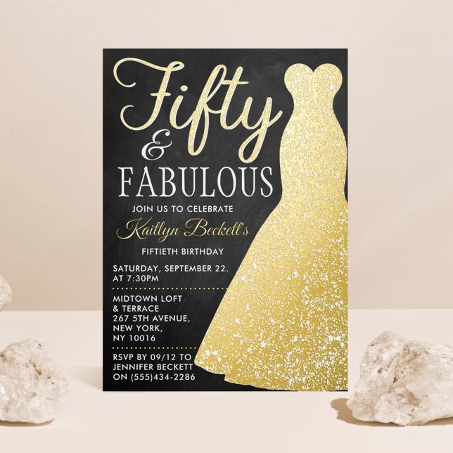Invitación Con Relieve Metalizado Vestido Elegante | Cincuenta y fabuloso cumpleaños (Subido por el creador)
