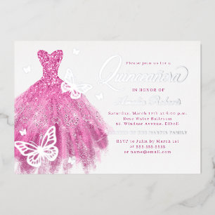 Invitación Con Relieve Metalizado Vestido Elegante Rosa Plateado de Mariposa Quincea