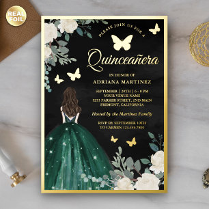 Invitación Con Relieve Metalizado Vestido Esmeralda Mariposa Negra Quinceañera Dorad