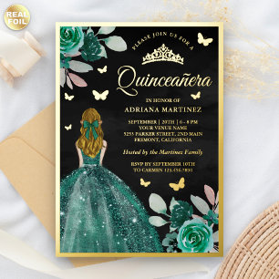 Invitación Con Relieve Metalizado Vestido Esmeralda Rubio Mariposa Quinceañera Dorad