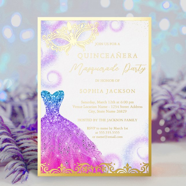 Invitación Con Relieve Metalizado Vestido Fiesta De Mascarada Azul Púrpura Quinceane (Subido por el creador)