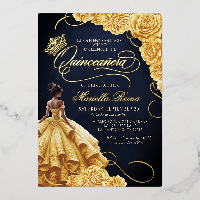 Invitación Con Relieve Metalizado Vestido floral amarillo Quinceañera (Anverso)