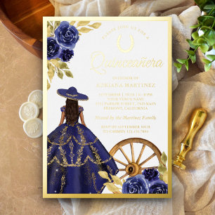 Invitación Con Relieve Metalizado Vestido Floral Azul Marino Charro Quinceanera Dora