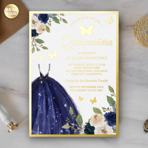 Invitación Con Relieve Metalizado Vestido Floral Azul Marino Mariposa Quinceañera Do