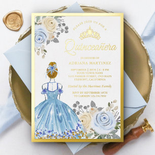 Invitación Con Relieve Metalizado Vestido Floral Azul Pastel Princesa Quinceañera Do