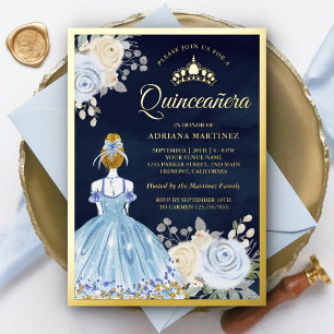Invitación Con Relieve Metalizado Vestido Floral Azul Pastel Quinceañera Azul Marino
