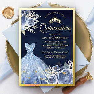 Invitación Con Relieve Metalizado Vestido Floral Azul Pastel Quinceañera Azul Marino