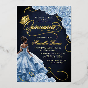 Invitación Con Relieve Metalizado Vestido floral azul Quinceañera