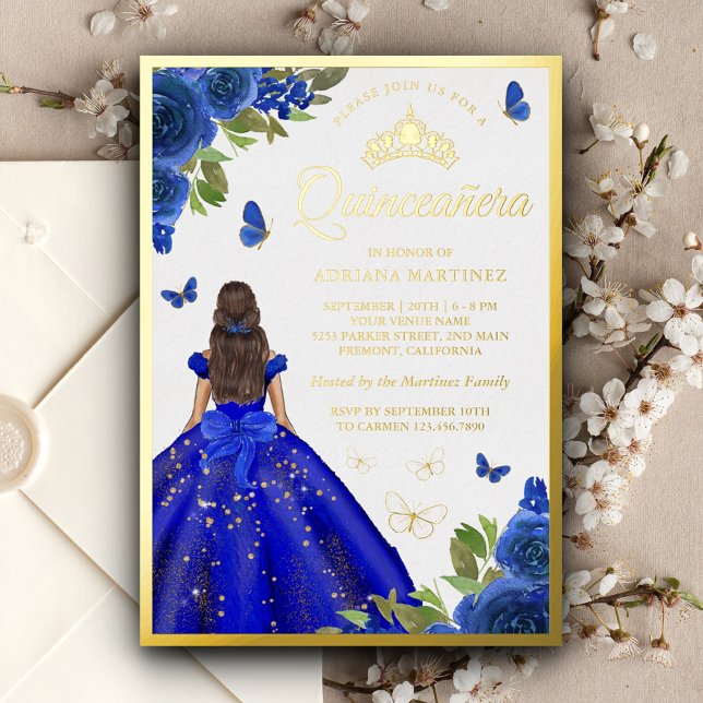 Invitación Con Relieve Metalizado Vestido floral azul real mariposa Quinceanera oro (Subido por el creador)