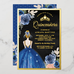 Invitación Con Relieve Metalizado Vestido floral azul real negro Quinceanera oro