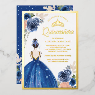 Invitación Con Relieve Metalizado Vestido floral azul real Princesa Quinceanera Gold