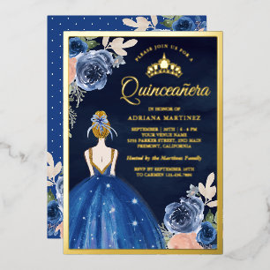 Invitación Con Relieve Metalizado Vestido Floral Azul Real Quinceañera Azul Marino D