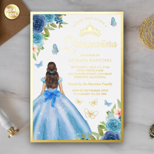 Invitación Con Relieve Metalizado Vestido Floral Azul Suave Mariposa Quinceañera Dor