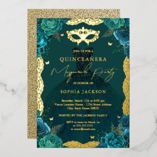Invitación Con Relieve Metalizado Vestido floral azul turquesa para fiesta de disfra