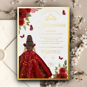 Invitación Con Relieve Metalizado Vestido Floral Borgoña Mariposa Quinceañera Dorado
