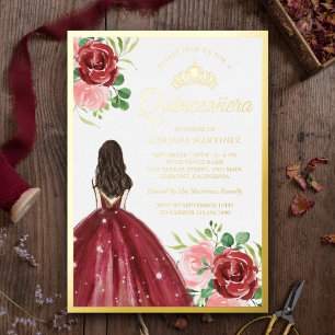 Invitación Con Relieve Metalizado Vestido Floral Borgoña Princesa Quinceañera Dorado