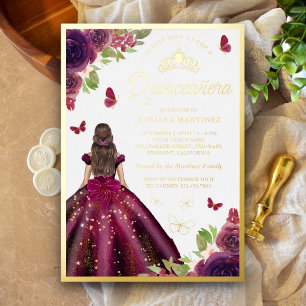 Invitación Con Relieve Metalizado Vestido Floral Ciruela Mariposa Quinceañera Dorado