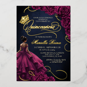 Invitación Con Relieve Metalizado Vestido floral de Borgoña Quinceañera