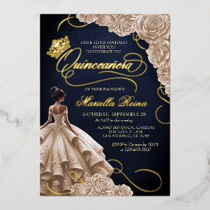 Invitación Con Relieve Metalizado Vestido floral de champán Quinceañera