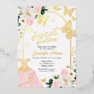 Invitación Con Relieve Metalizado Vestido floral de dieciséis dulces mariposas rosa 